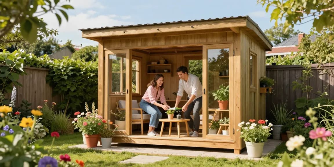 Ein modernes Gartenhaus Holz im Grünen, umgeben von Blumen und Möbeln, zeigt eine einladende Atmosphäre.