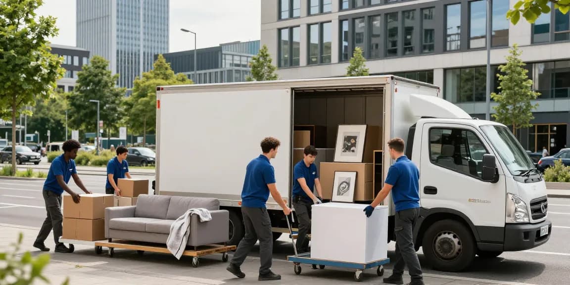 Umzugsunternehmen Darmstadt: Professionelles Umzugsunternehmen packt Möbel in einem urbanen Umfeld.