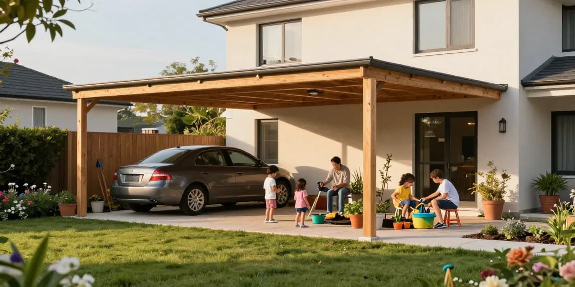 Praktischer Carport im Garten, umgeben von Familie und Gartenarbeiten.