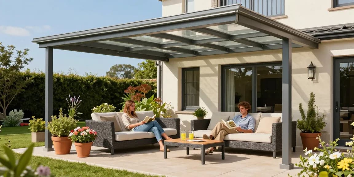 Moderne Terrassenüberdachung mit gemütlichem Outdoor-Living-Bereich, Pflanze und frischer Limonade