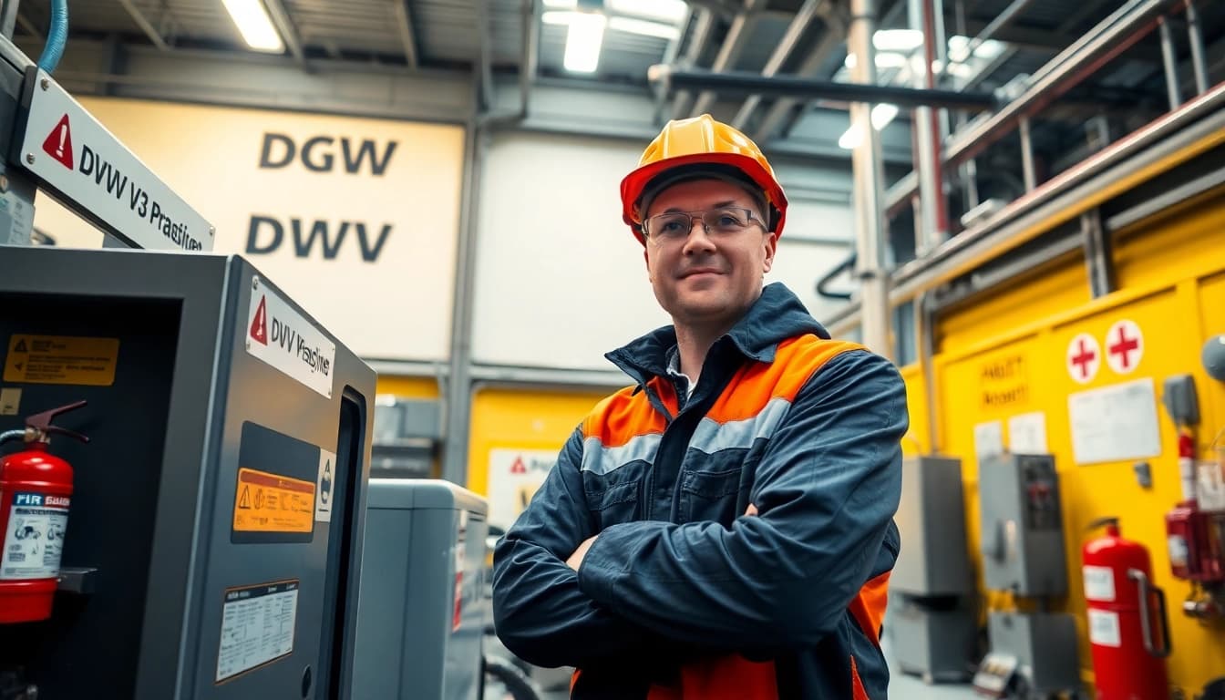DGUV V3 Prüfung zeigt Techniker bei Sicherheitsüberprüfung in Industrieumgebung.