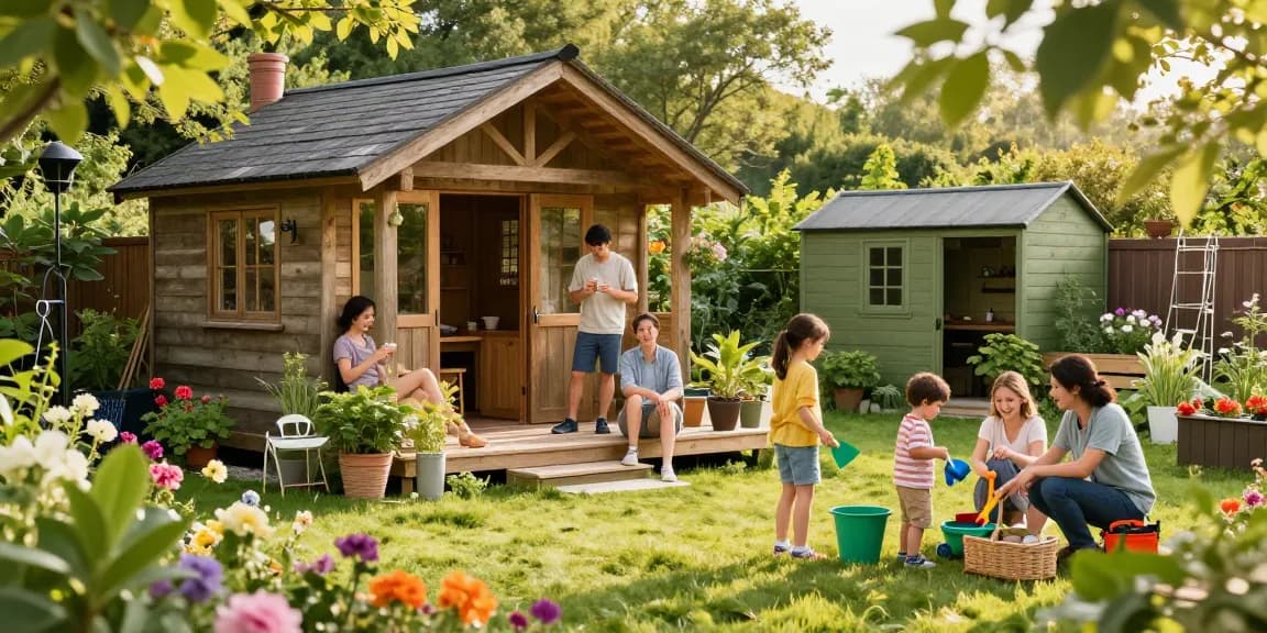 Gartenhaus kaufen: Gemütliches Holz-Gartenhaus in einer blühenden Gartenlandschaft, ideal für Familien.
