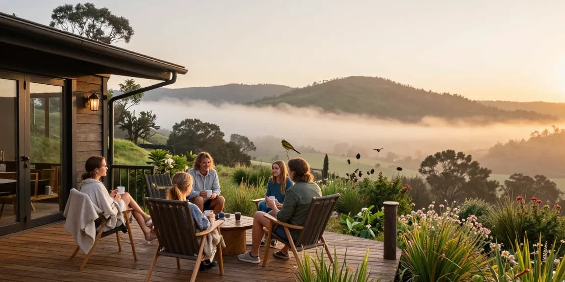 Family enjoying a peaceful morning at Magaliesburg accommodation, overlooking misty hills and nature.