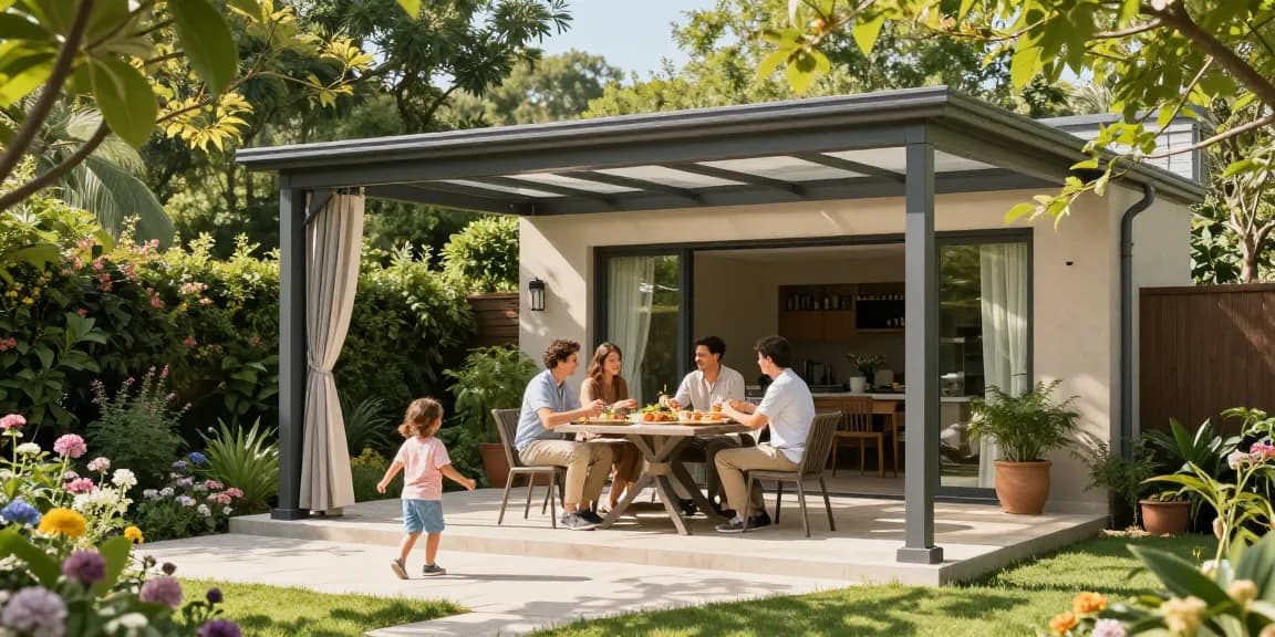 Terrassenüberdachung freistehend im sonnigen Garten mit Familienessen.