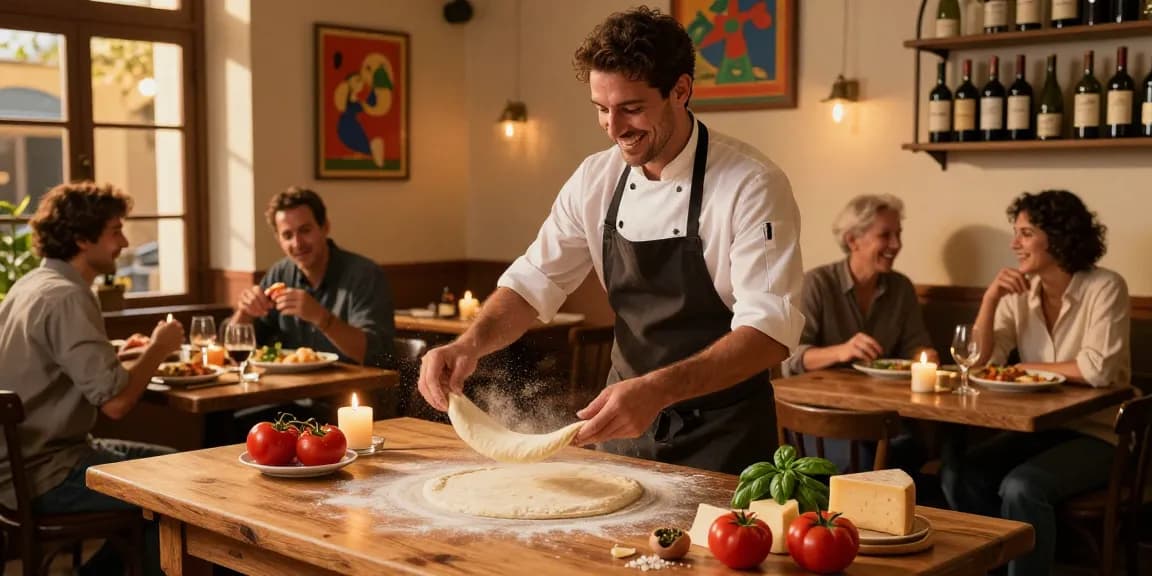 Fresh pizza preparation in a cozy pizzeria with pg soft ingredients.