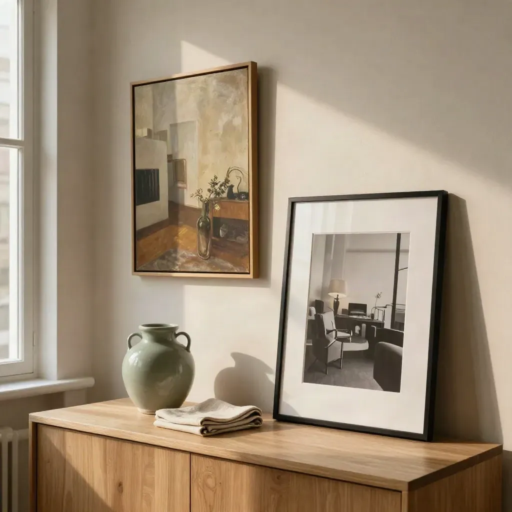 Hamburger Wohnungsecke mit neuem Bildpaar, Sideboard, Vase und sanftem Fensterlicht